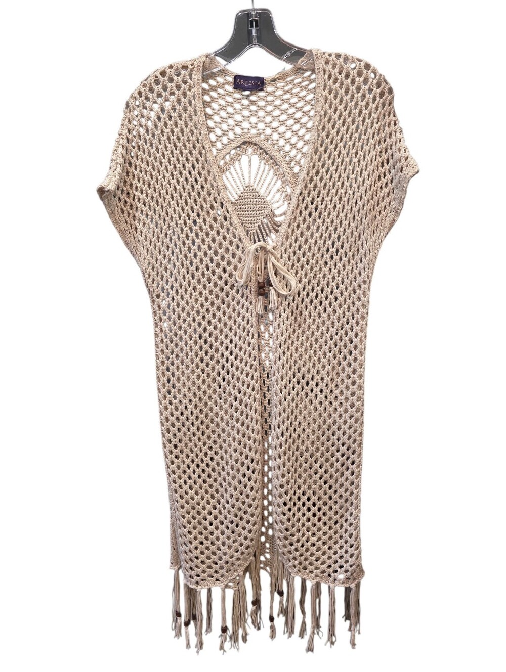 Artesia Cream Crochet Kimono with Fringe And Wooden Beads Size Small